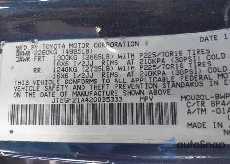 2002 Toyota Highlander Limited V6 из США, поврежденный, VIN JTEGF21A420035333